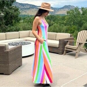 Skivys Femme Goddess Gown Malibu Lounge Maxi Dress Size XL Rainbow Stripe Summer